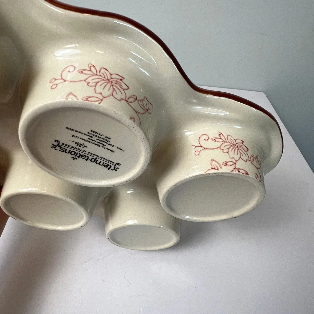 Temp-tations Muffin Pan 6 Cup Cranberry Red Floral Lace Ceramic Stoneware Baker
